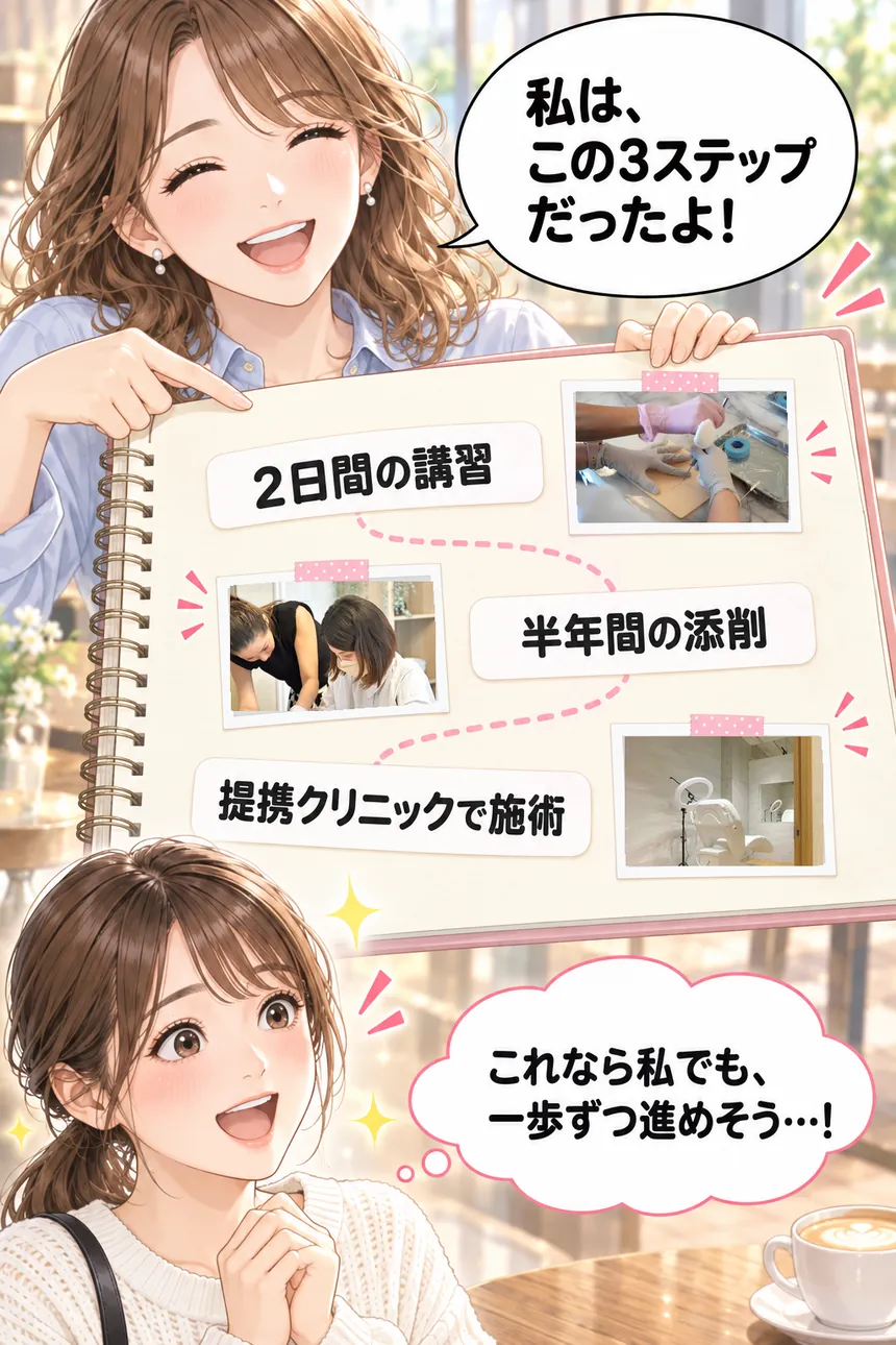 2日間の講習、半年間の添削、提携クリニックで施術の3ステップと実際の講習とクリニックの写真