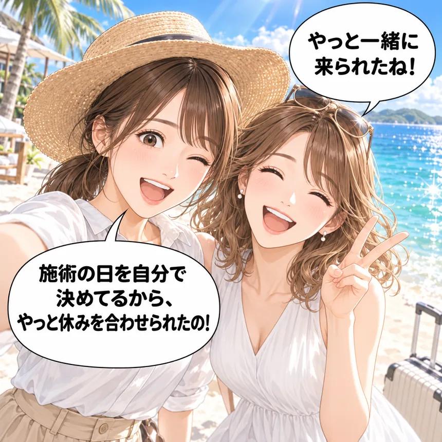 海辺の旅行先で笑い合うあかりとゆみ